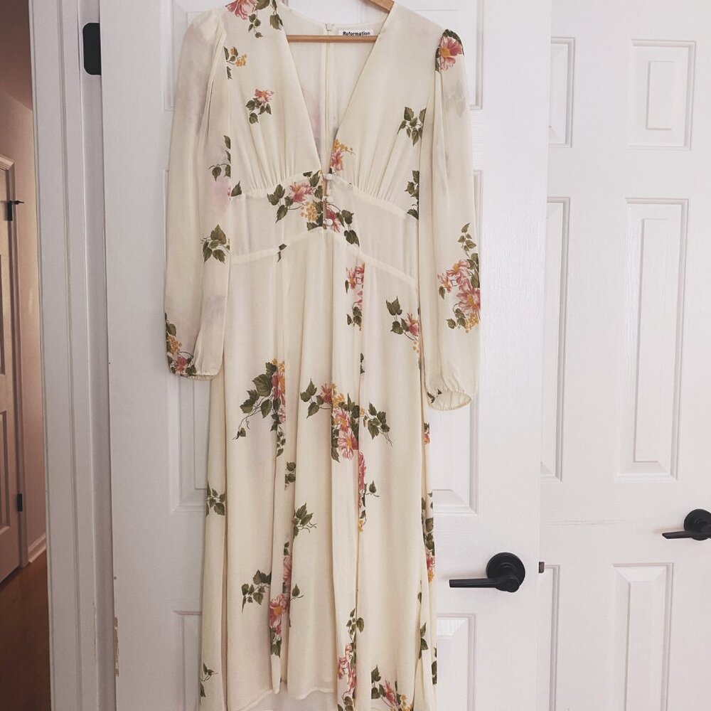 Reformation Cream Floral Midi Dress